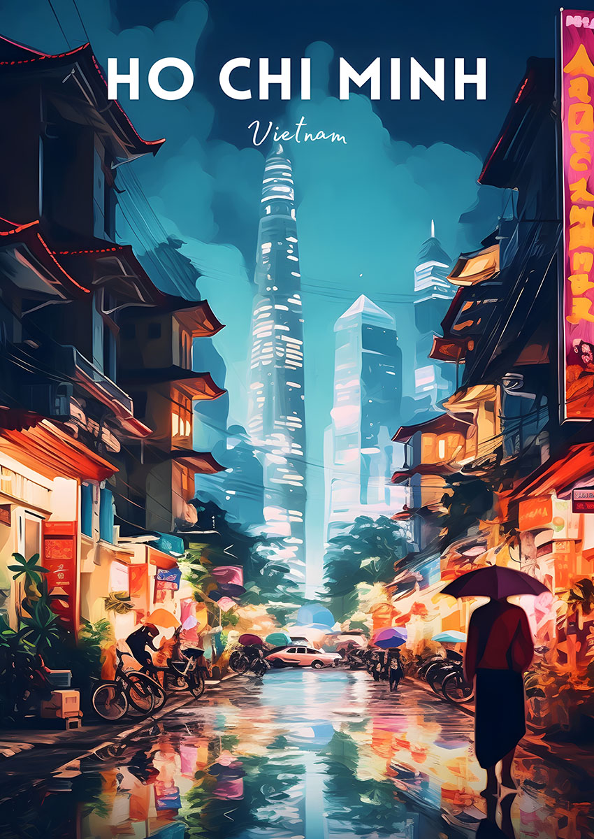 Artwork of vibrant Ho Chi Minh City scene with traditional and modern buildings reflecting in rain
